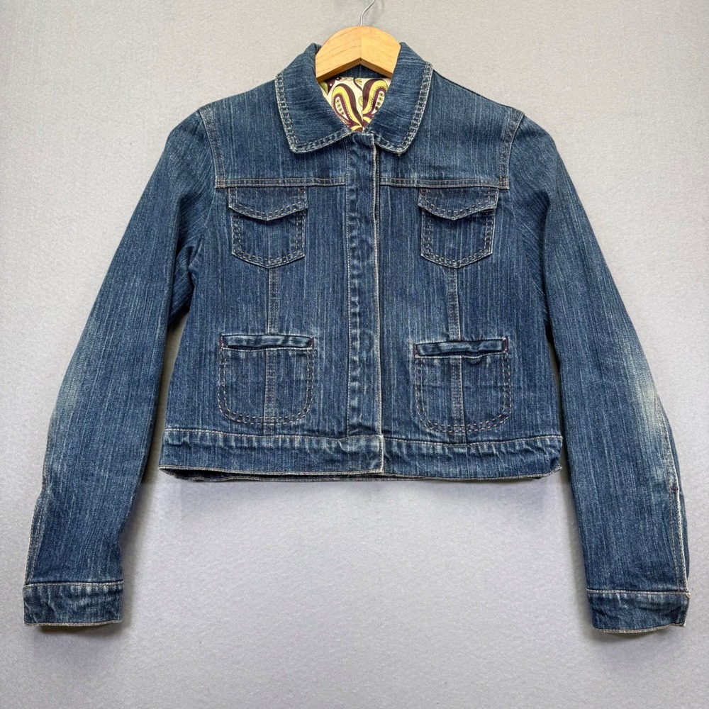 Tulle Womens Cropped Denim Jacket Dark Wash Paisley Lined Blue‎ Size M